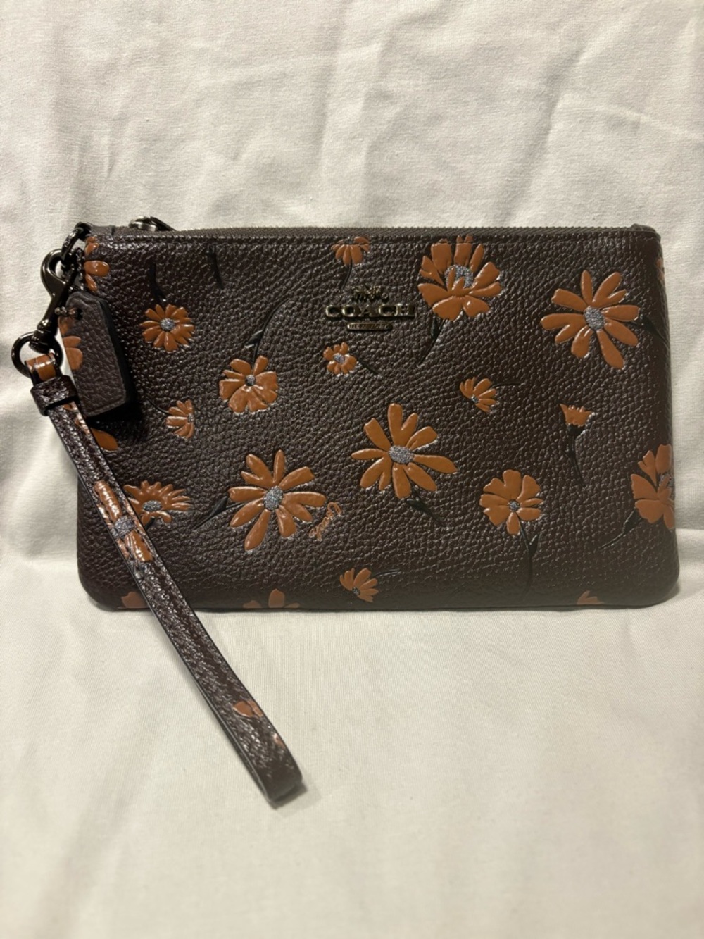 Coach Brown Leather Floral Wristlet with Tan Flower Accents